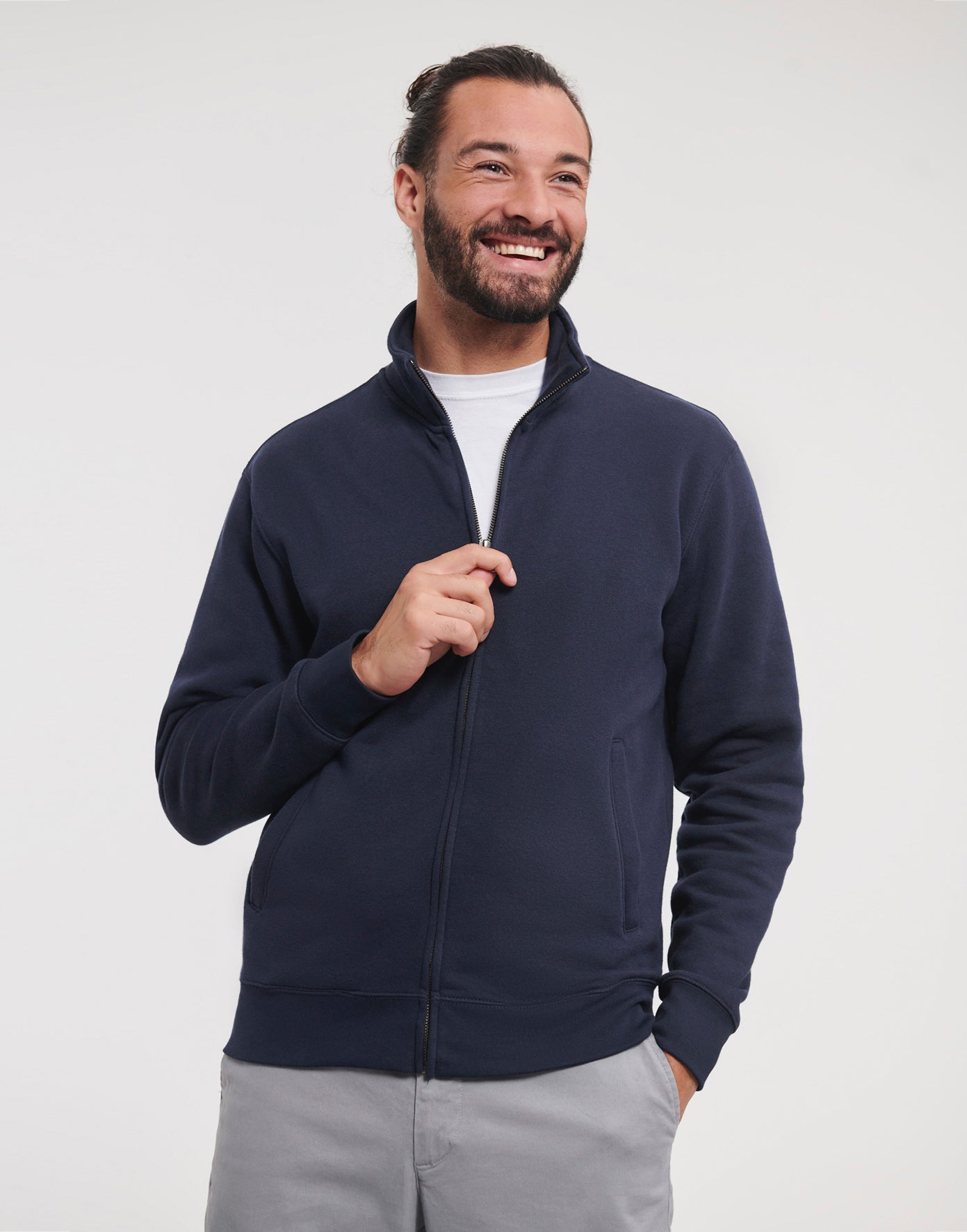 Miesten vetoketjullinen premium collegepaita painatuksella