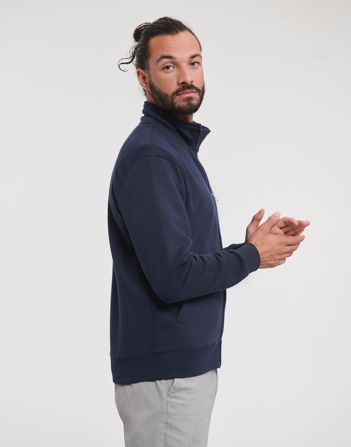 Miesten vetoketjullinen premium collegepaita painatuksella