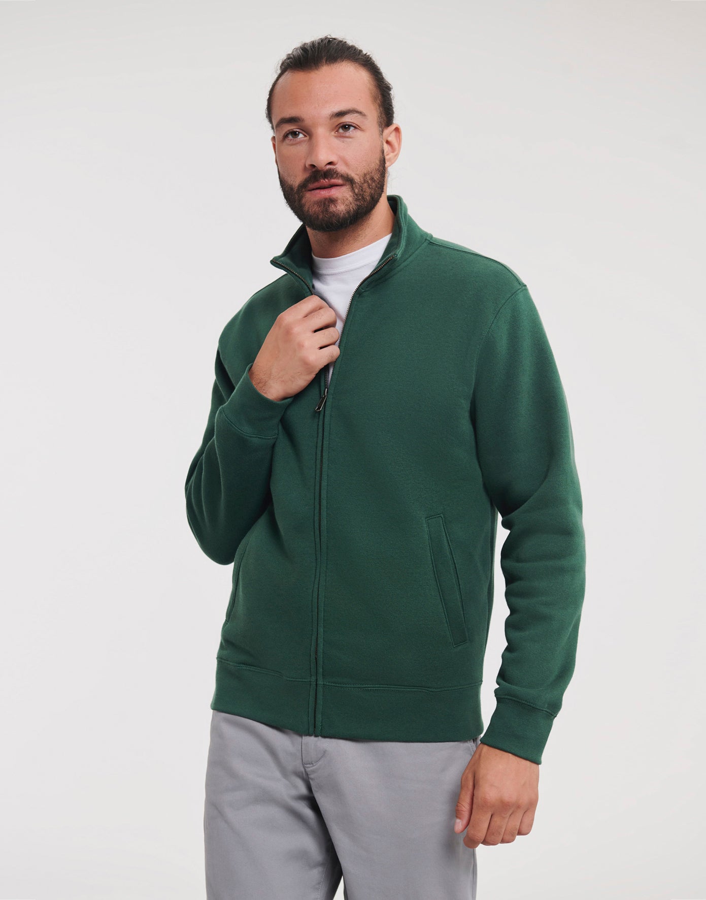 Miesten vetoketjullinen premium collegepaita painatuksella